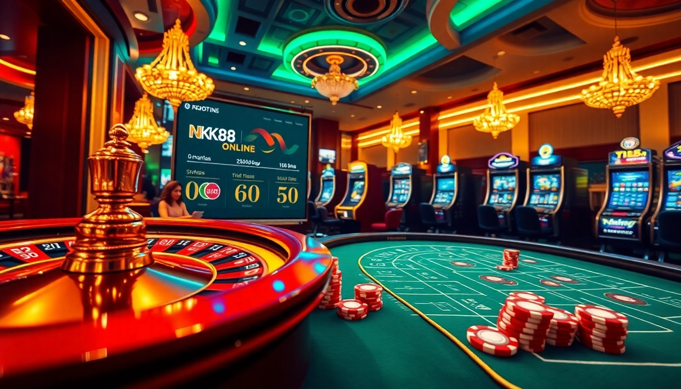 Gaming enthusiasts enjoying NK88 ONLINE at a vibrant casino table with poker chips and roulette wheel.