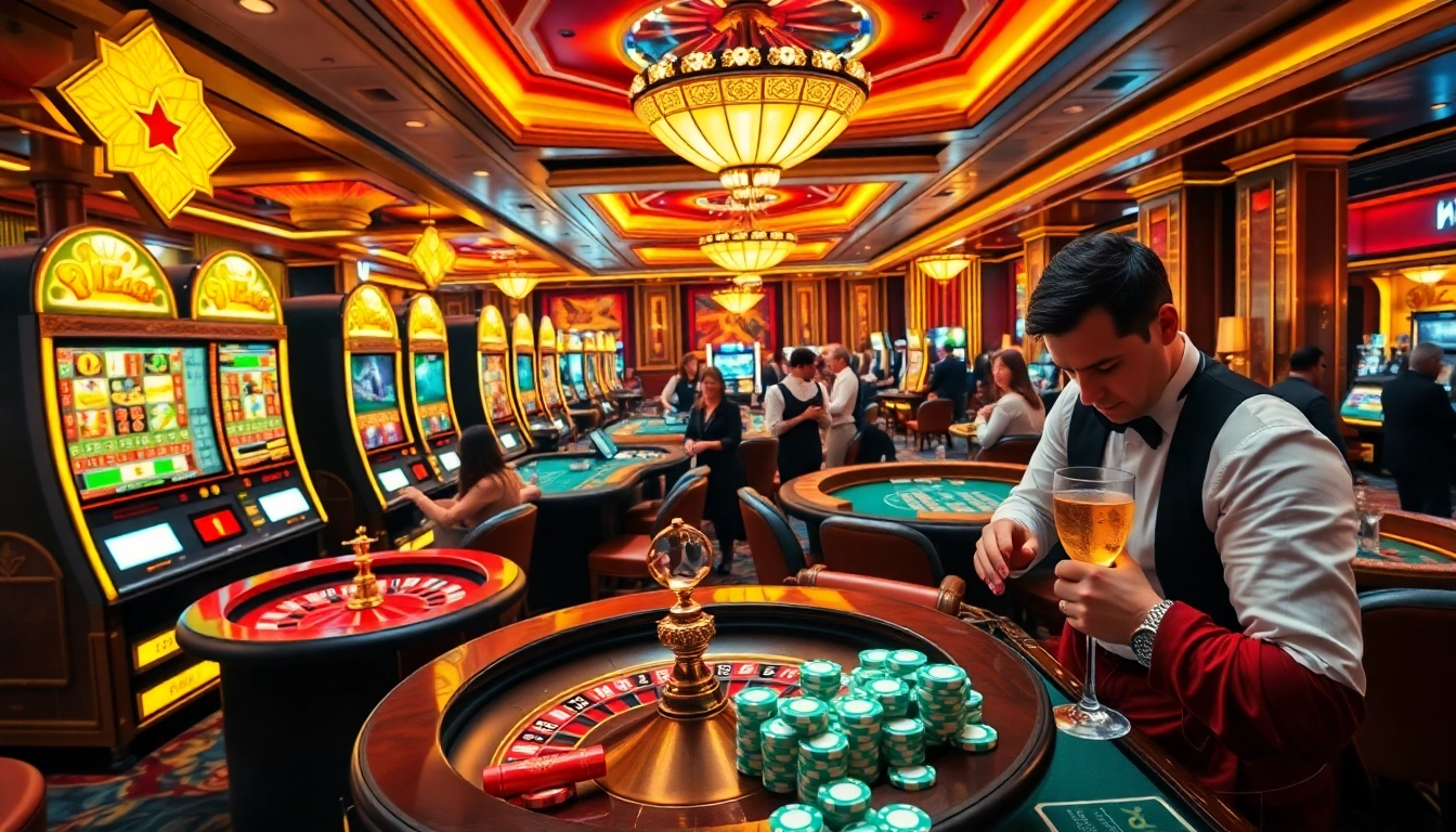 Players enjoying exciting games at jun88 casino with vibrant slot machines and roulette tables.