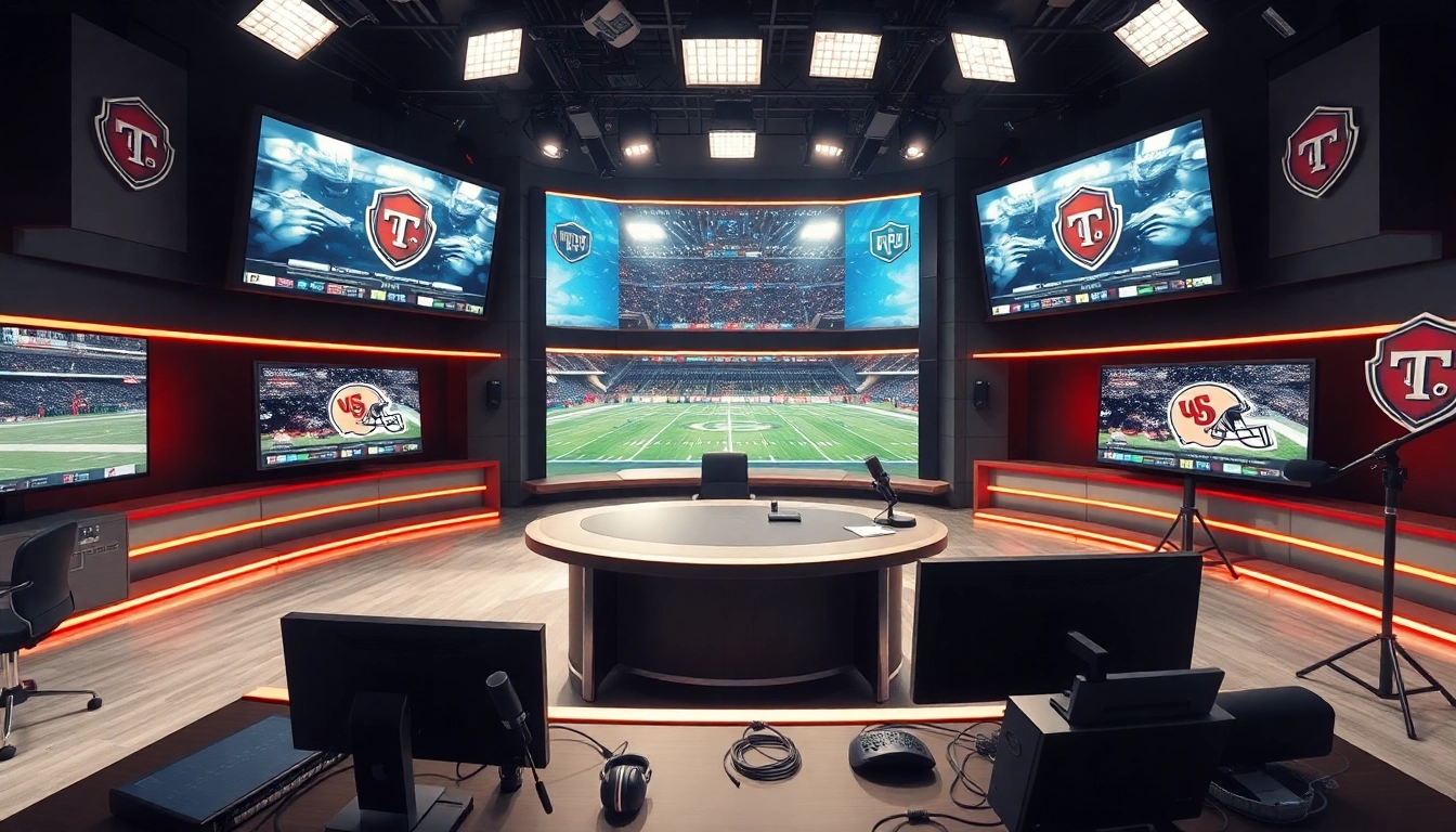 Engaging sports broadcasting studio with live feeds and modern equipment.
