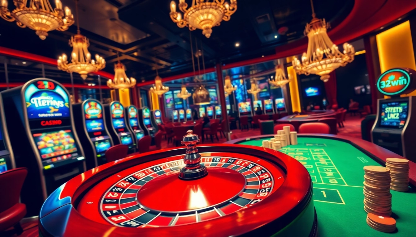 Players winning at a 32win casino with poker chips and roulette wheel in a luxurious setting.
