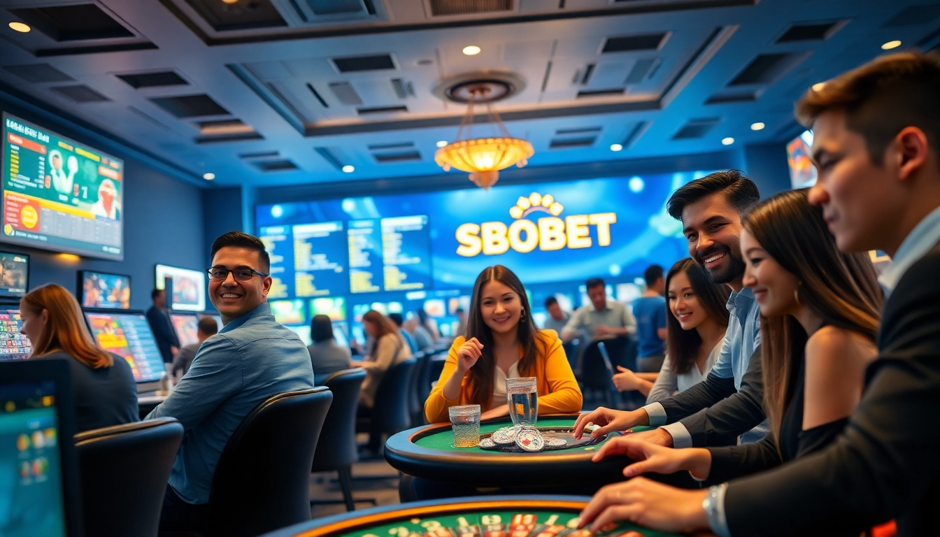 SBOBET.dance scene featuring diverse players enjoying online gambling games with a professional yet friendly atmosphere.