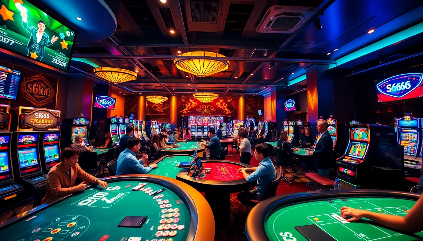 Experience excitement at S666.nyc, an online casino with vibrant game scenes showcasing poker, baccarat, and dynamic players.