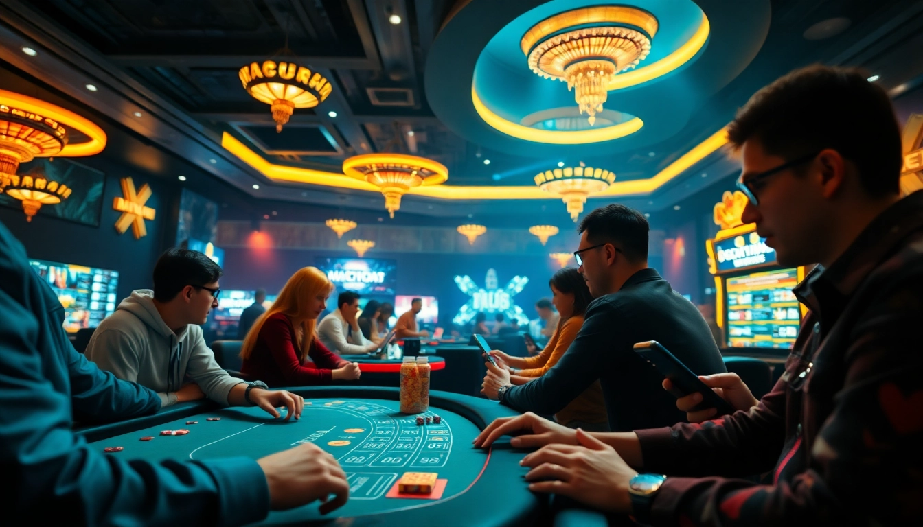 Engaging online gaming scene featuring nhà cái bl555 with excited players and vibrant digital interfaces.