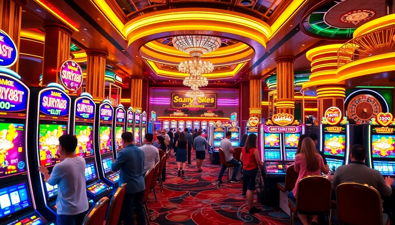 Pemain menikmati slot surya88 di suasana kasino yang meriah penuh dengan kegembiraan dan peluang.