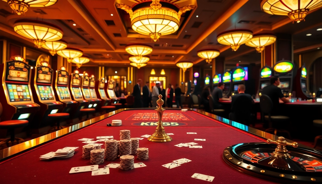 Feel the excitement at KK55 with vibrant casino tables, cards, and spinning roulette wheels.