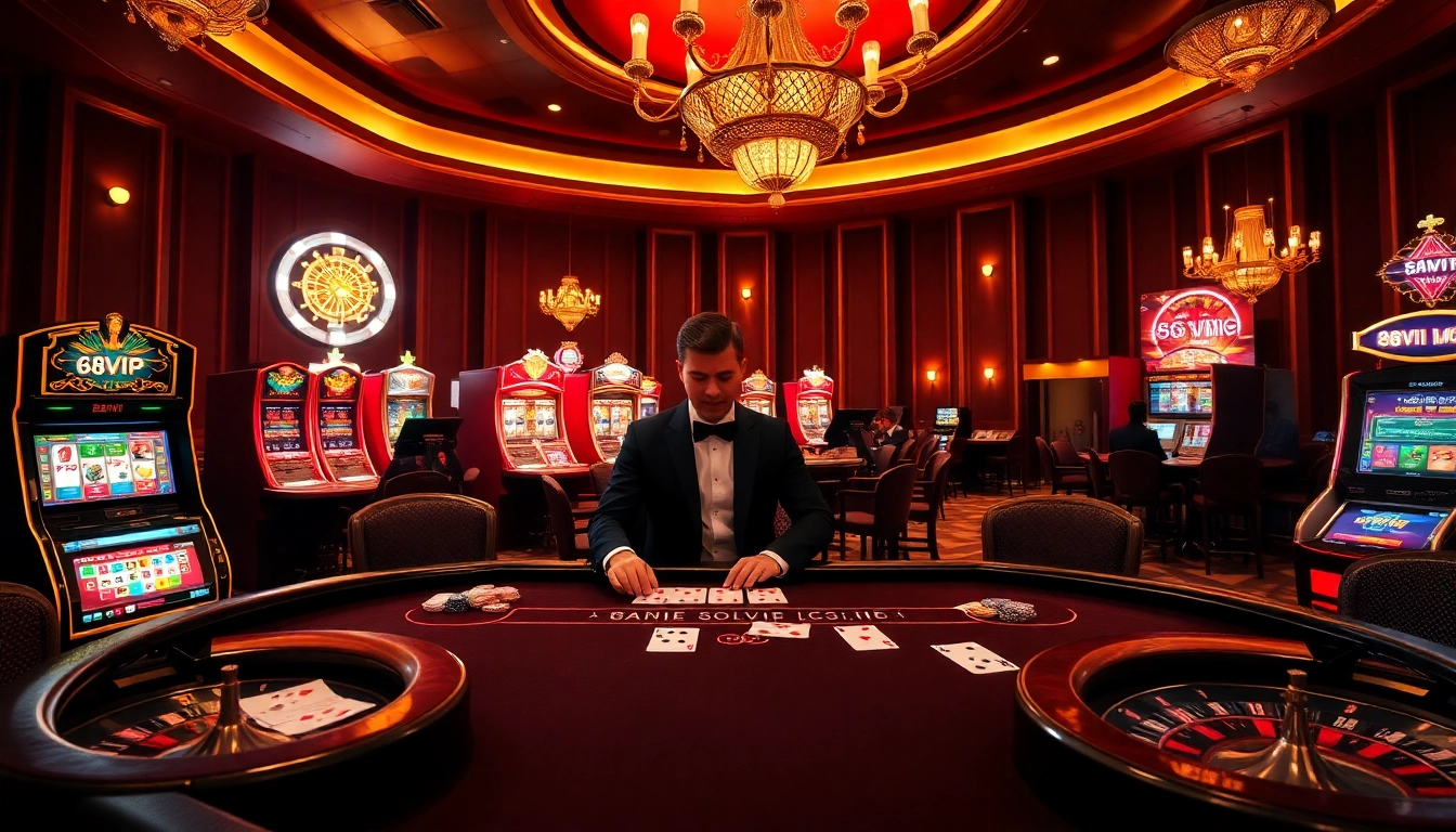 Gambling excitement at a luxurious poker table featuring 68VIP.COM elements, showcasing chips and cards.