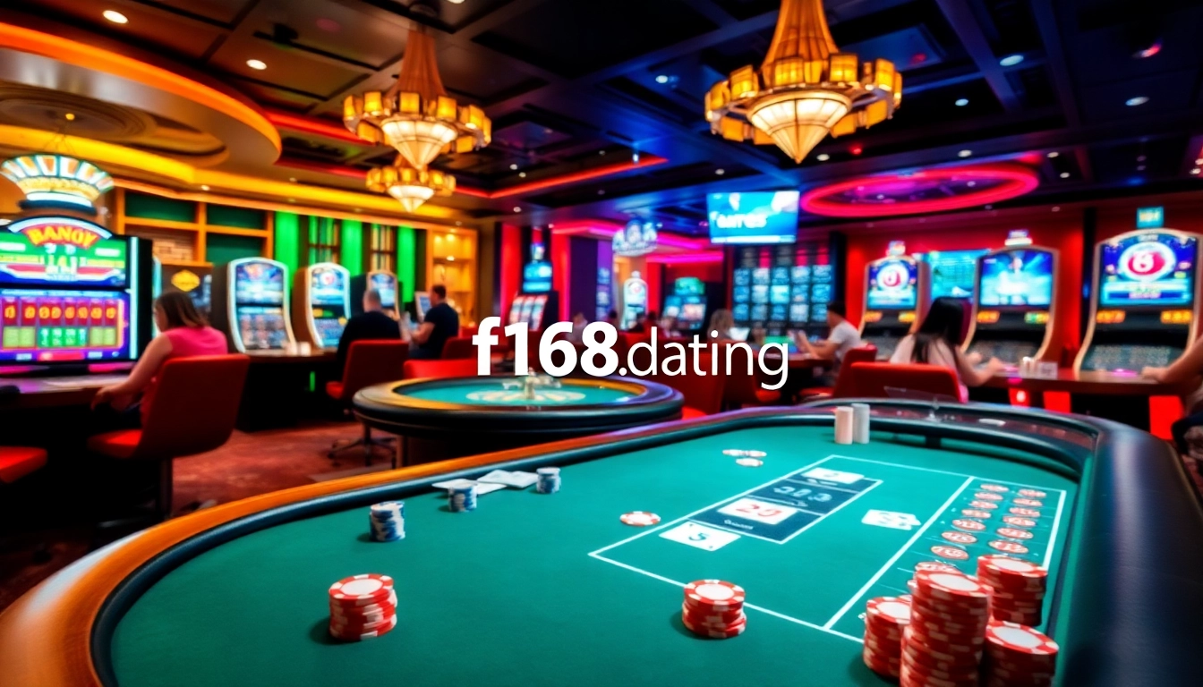 Experience the excitement of casino gaming at f168.dating with vibrant card tables and slot machines.