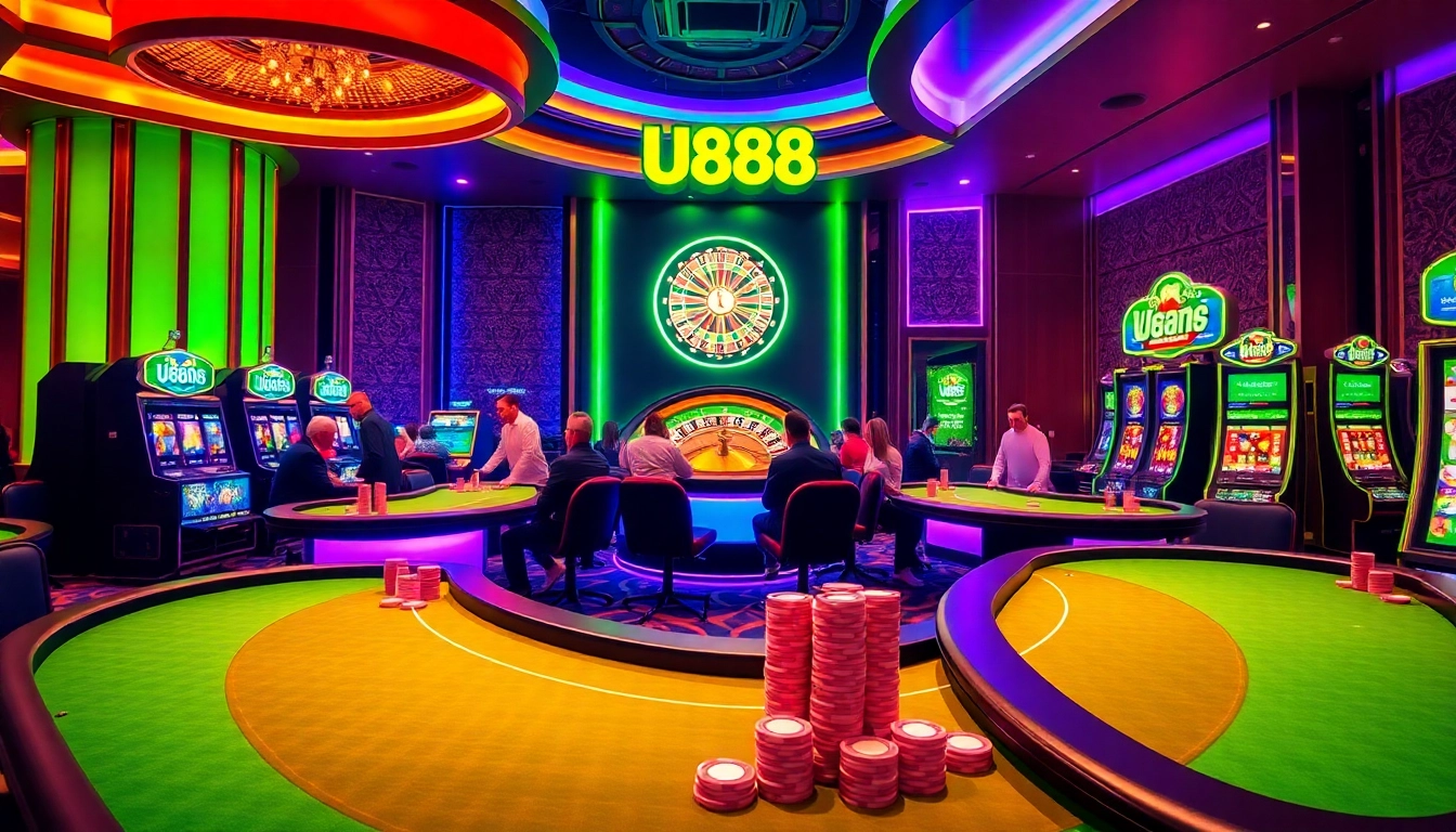 Players enjoying a dynamic gambling experience at U888 casino, featuring slot machines and poker tables.