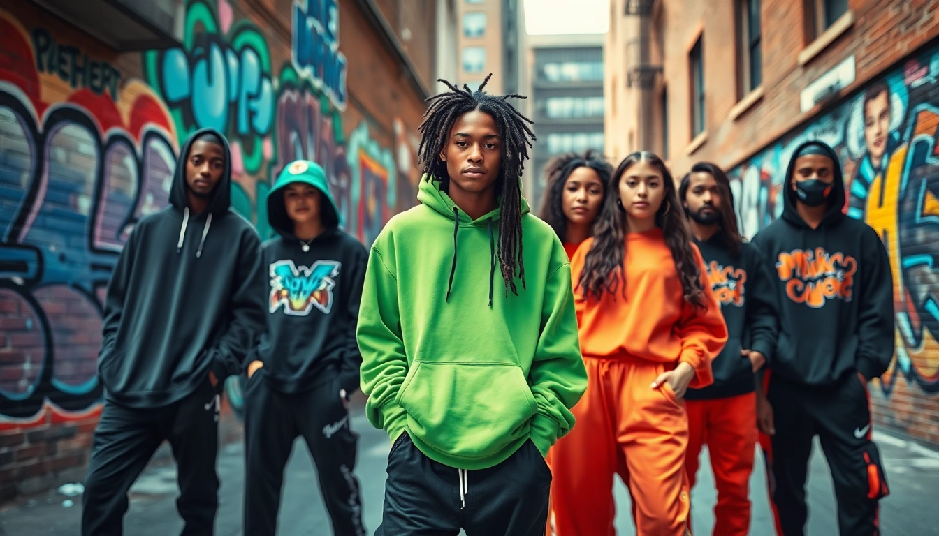 Fashionable young adults showcasing streetwear clothes in an urban setting.