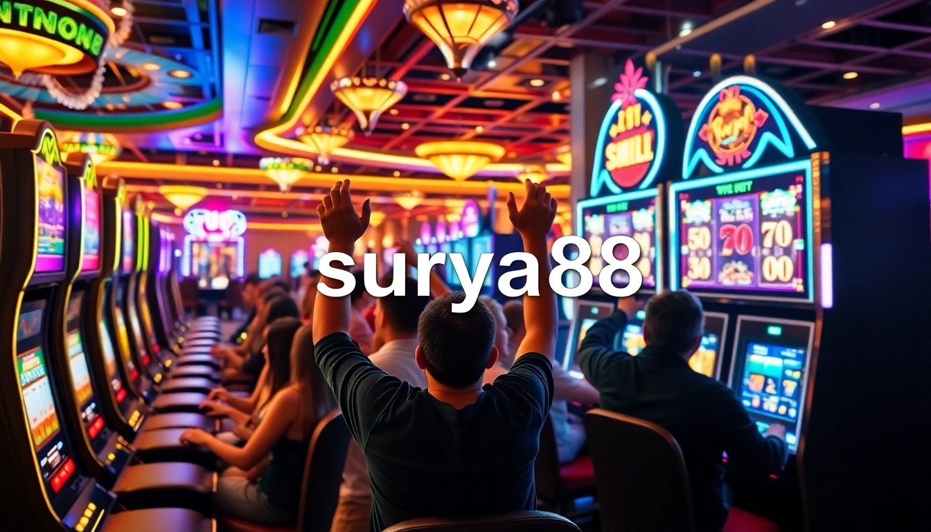 Pemain yang bersemangat menikmati mesin slot di kasino Surya88 dengan warna-warna cerah dan kemewahan ambient.