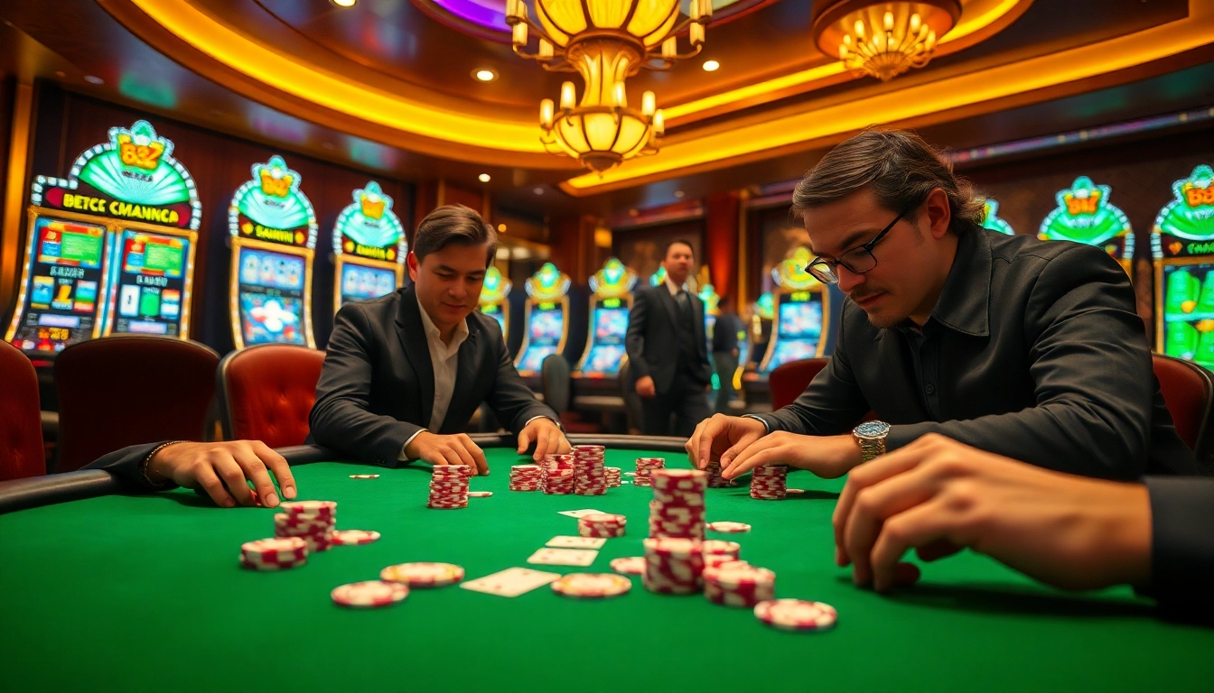 High-stakes poker action at a B52-themed casino table with premium chips and vibrant slot machines.