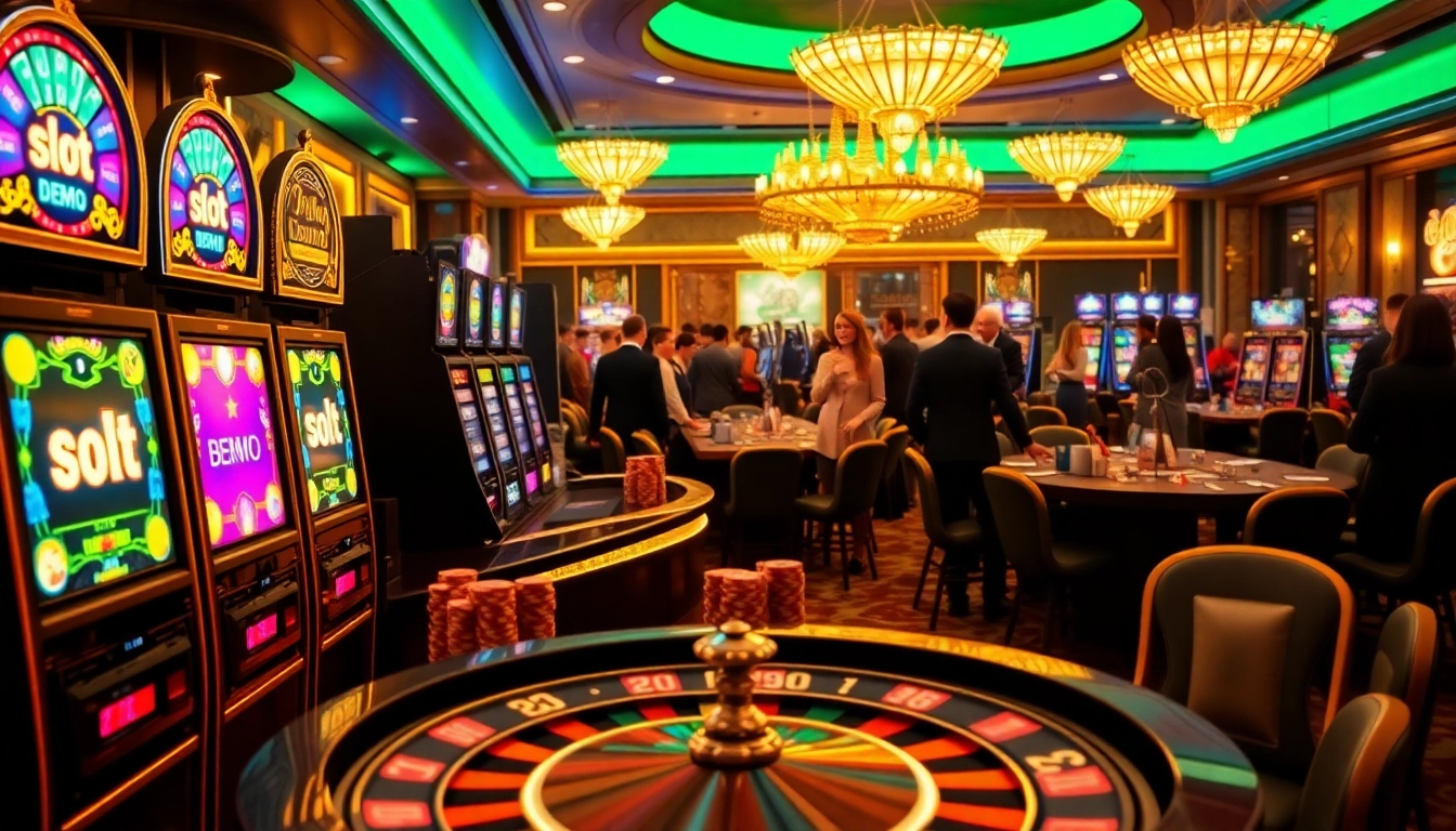 Engaging scene showcasing slot demo games with vibrant slot machines and roulette wheels in a modern casino.