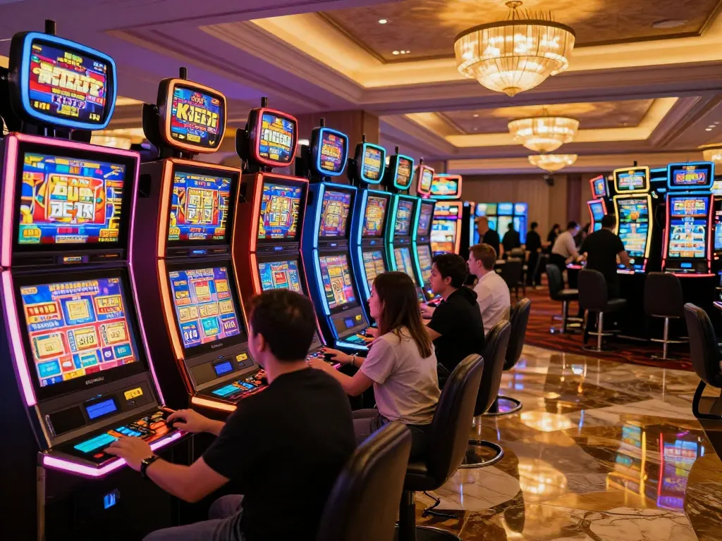 Players enjoying thrilling slot games surrounded by colorful machines in a vibrant casino atmosphere