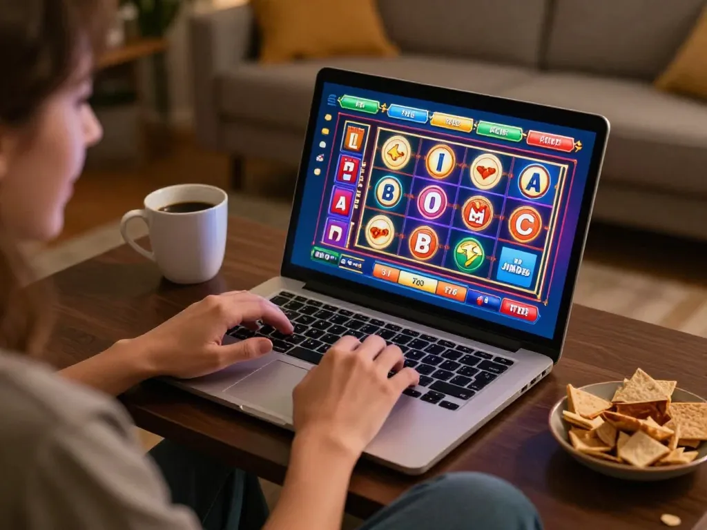 Players enjoying situs slot gacor on their laptops at home, showcasing online casino excitement.