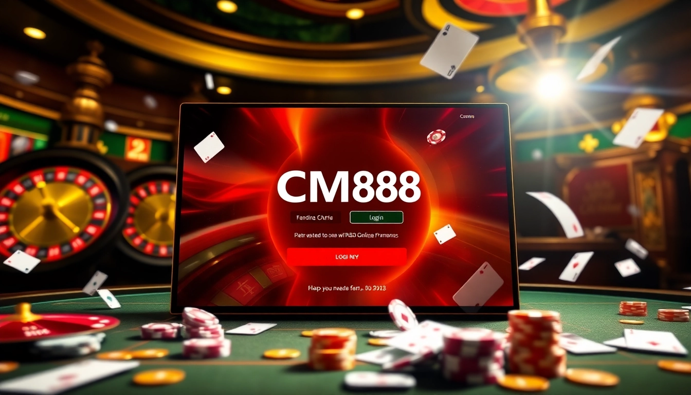CM88 đăng nhập interface showcasing a vibrant casino atmosphere with poker chips and roulette.