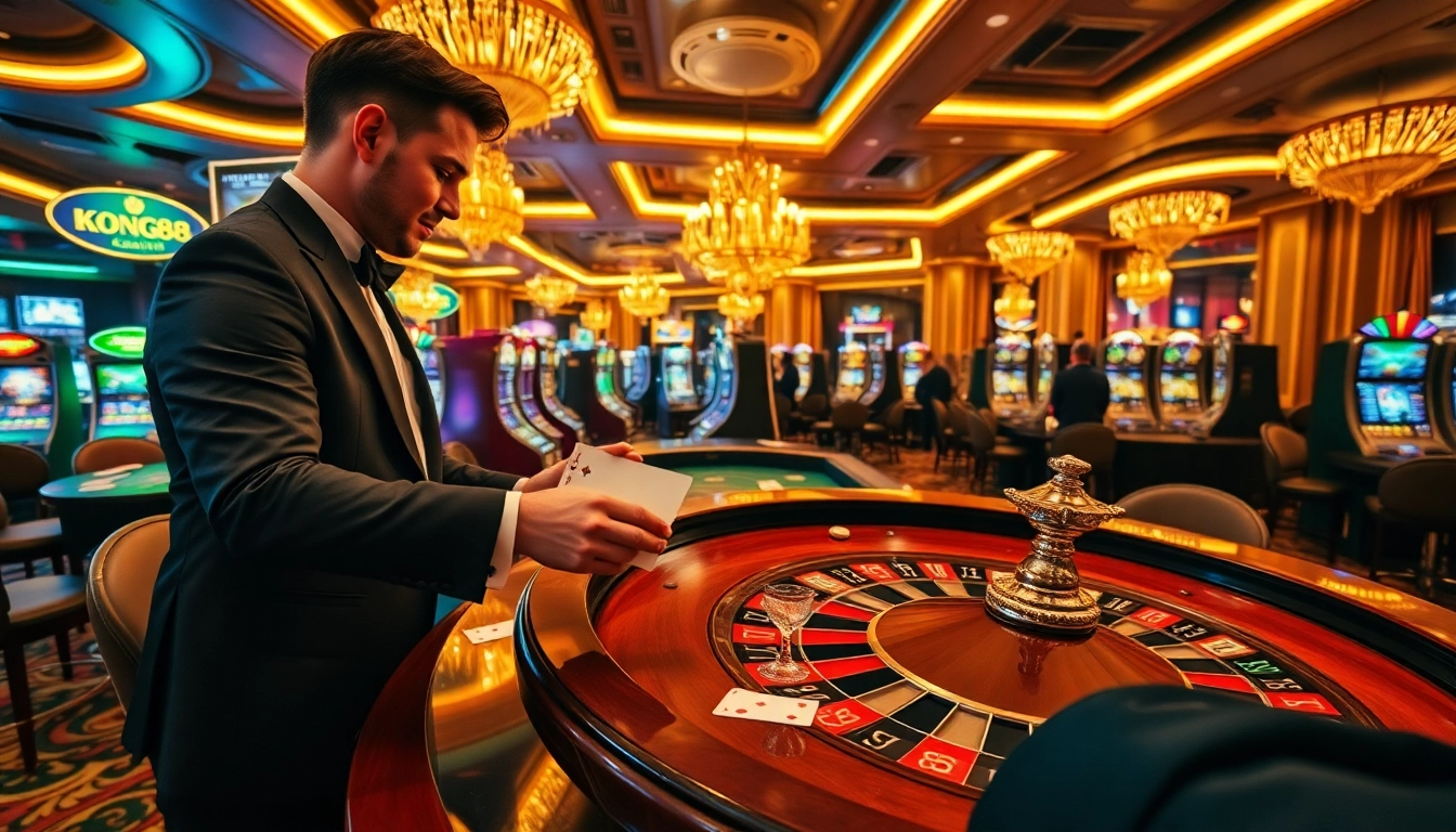 KONG88 casino scene with a roulette wheel and excited players placing bets.