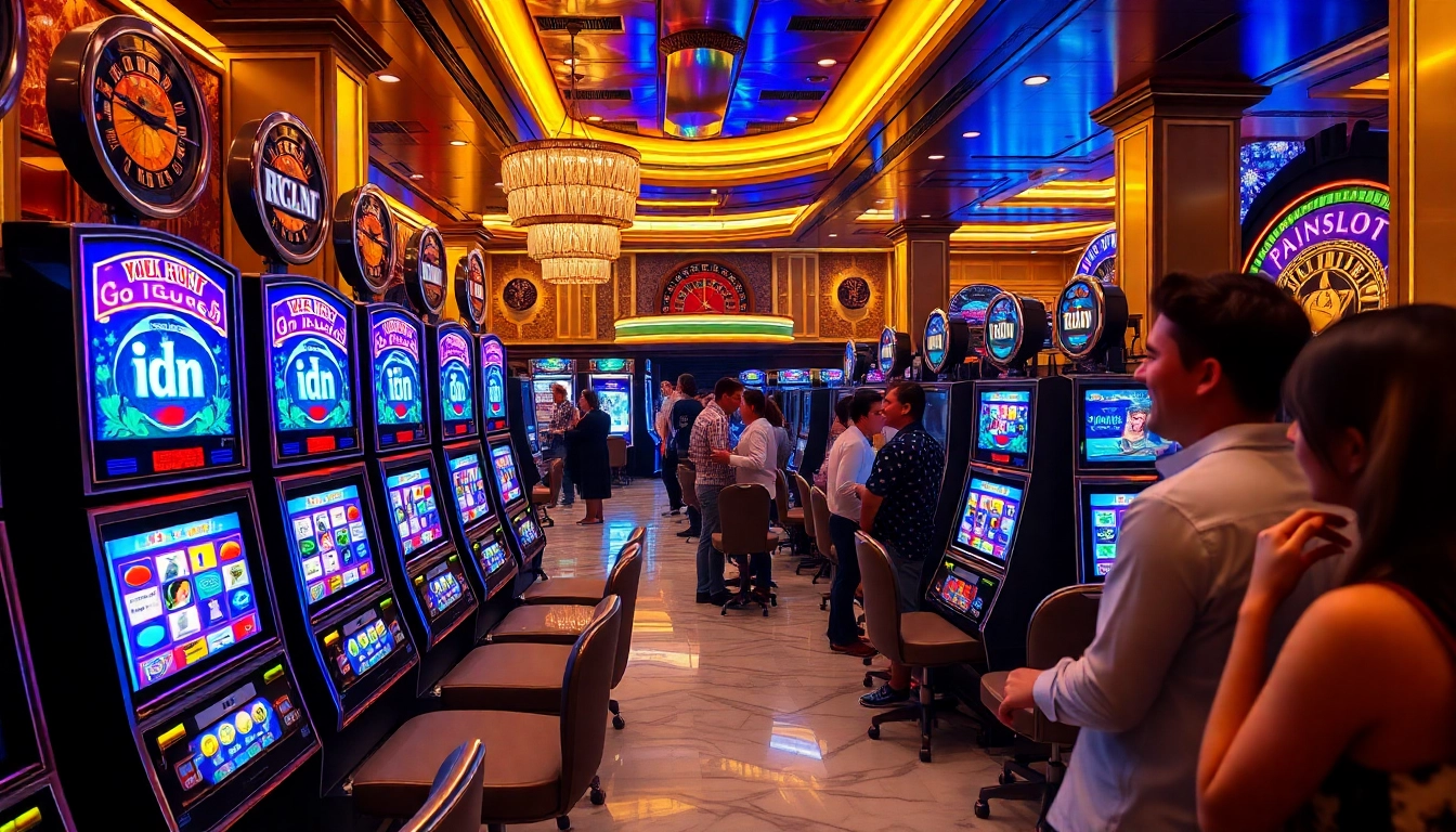 Excited players engaging with high-stakes idn slot machines at a luxurious casino.