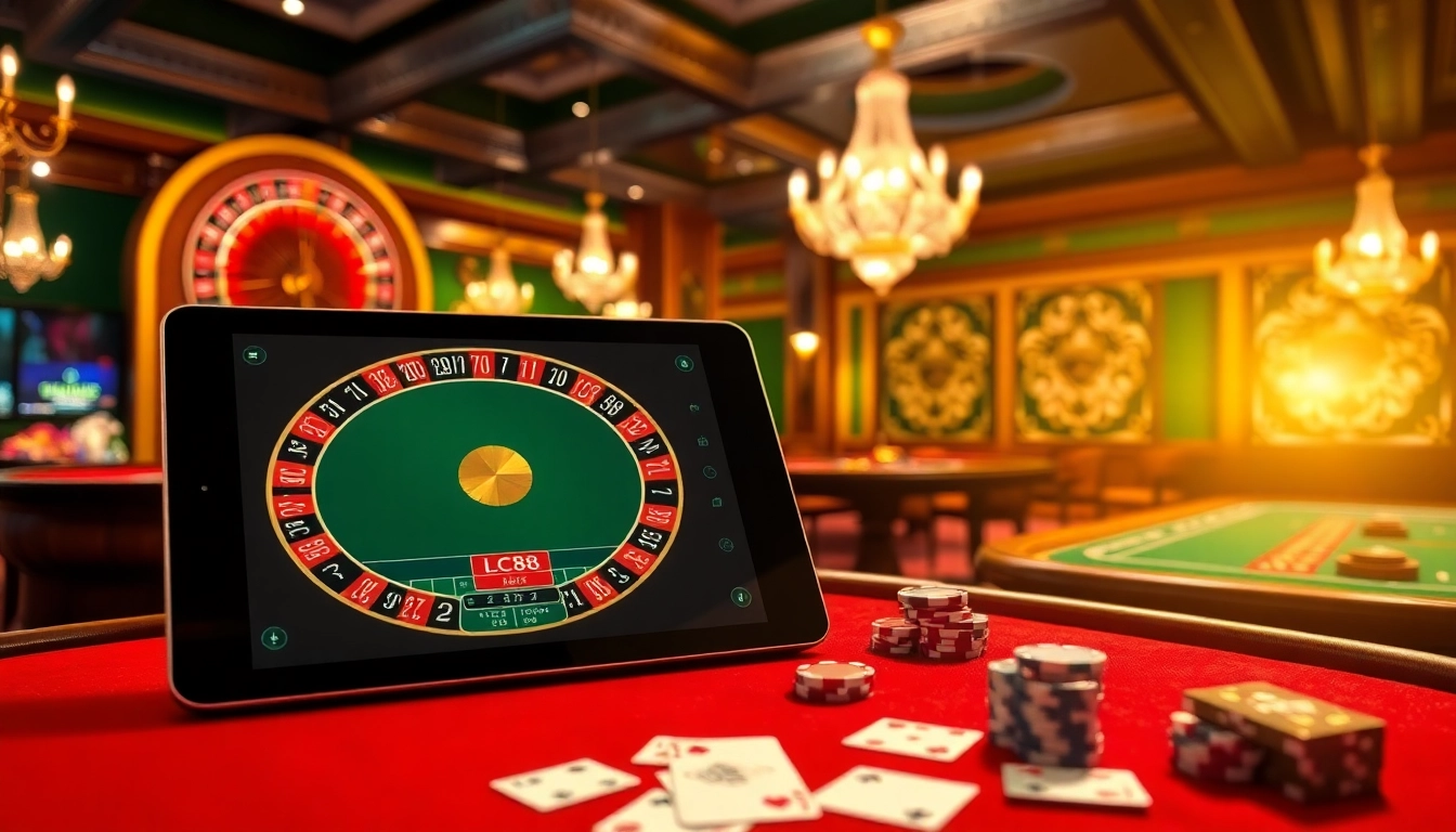Experience the thrill of winning at https://lc88.bio/ with a luxurious casino setting showcasing roulette and cards.