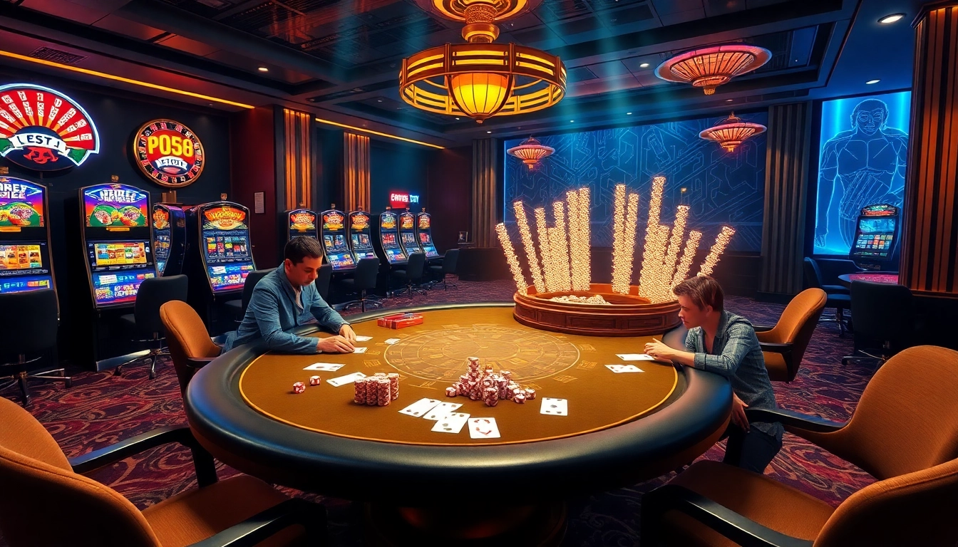 Players enjoying poker at an upscale casino, capturing the excitement of https://pg88hz.vip/ with luxurious elements.