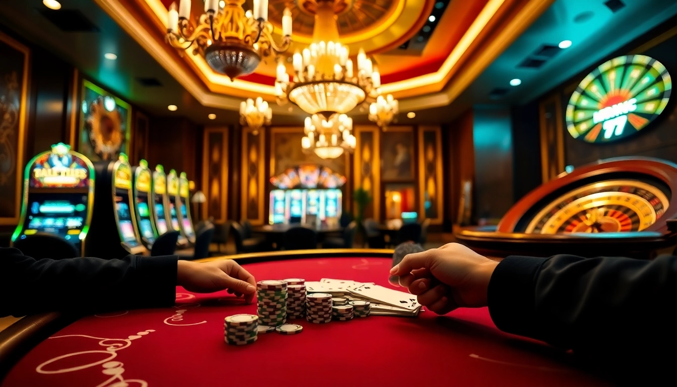 Engaging scene of players at the trang chủ 79king poker table with vibrant chips and slot machines.