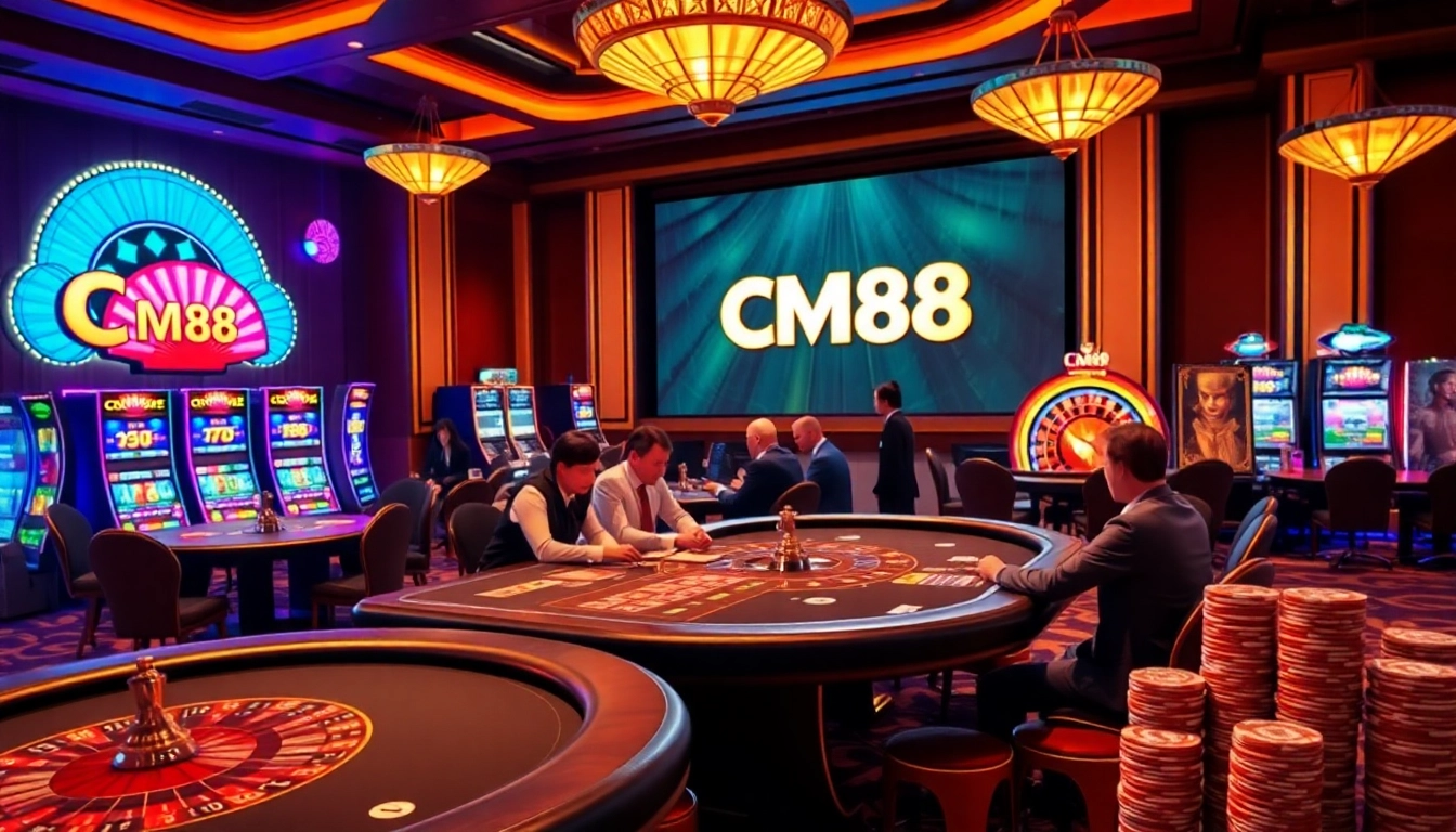 Experience the excitement of CM88 at a luxury casino with poker tables and vibrant slot machines.