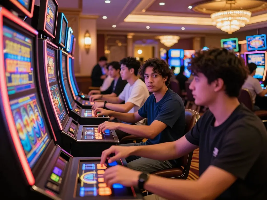 Slot gacor 777 players celebrating a win on colorful casino slot machines, vibrant and exciting atmosphere