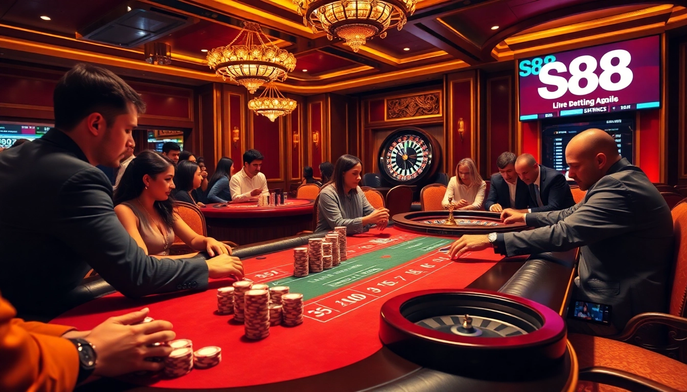 Experience the excitement of s88 with vibrant casino games, poker chips, and a roulette wheel.