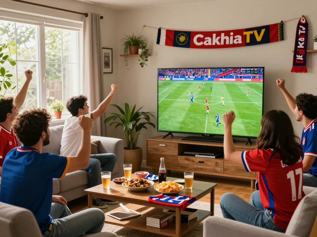 Fans enjoying live football on cakhiatv.uk.com in a vibrant home setting.