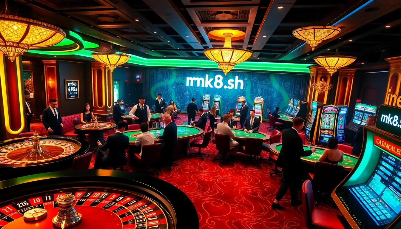 Experience the excitement of mk8.sh’s casino with vibrant tables, dealers, and gamblers celebrating wins.